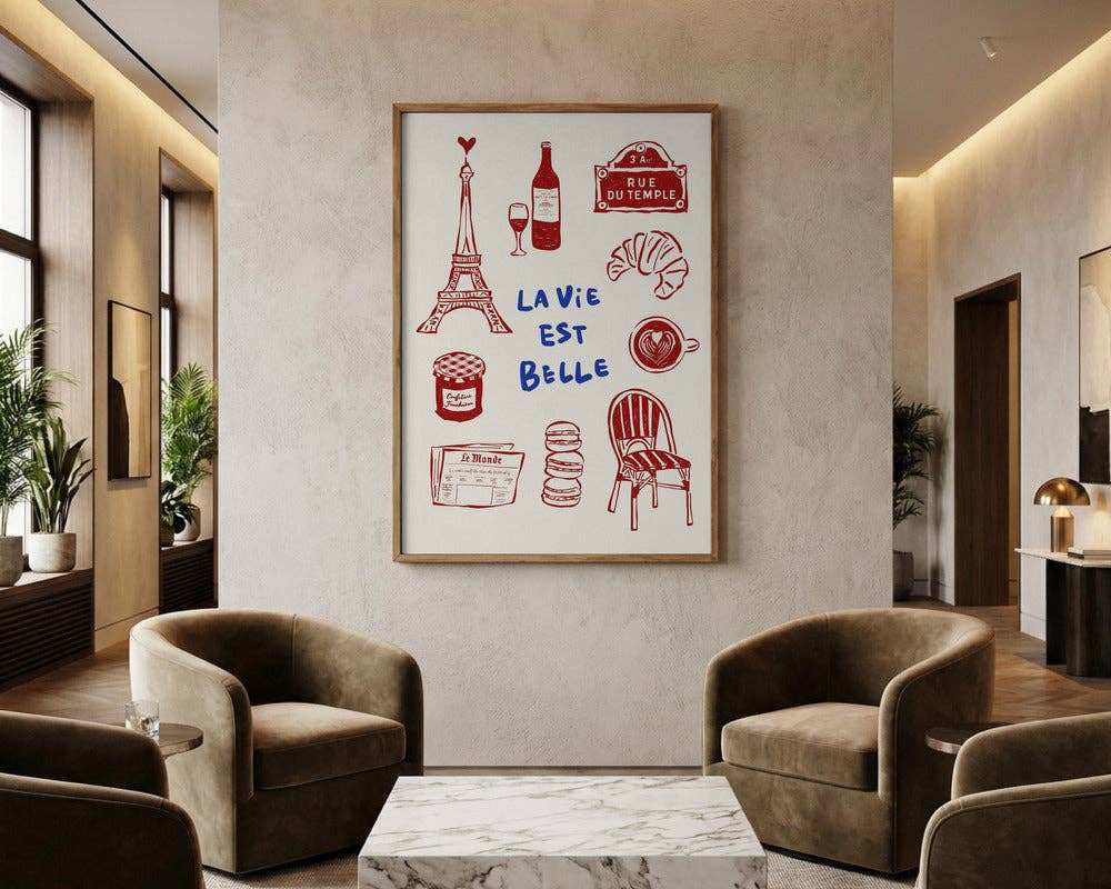 Konsttryck utan ram: Skarlakansrött Paris-ikoner konsttryck – linjeillustration